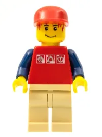 LEGO Red Shirt with 3 Silver Logos, Dark Blue Arms, Tan Legs, Messy Red Hair minifigure