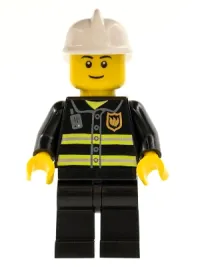 LEGO Fire - Reflective Stripes, Black Legs, White Fire Helmet, Black Eyebrows, Thin Grin, Yellow Hands minifigure