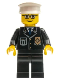 LEGO Police - City Suit with Blue Tie and Badge, Black Legs, Glasses, White Hat minifigure