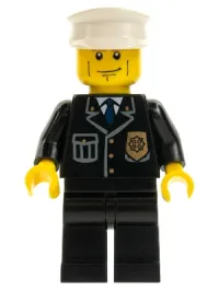 LEGO Police - City Suit with Blue Tie and Badge, Black Legs, Vertical Cheek Lines, Brown Eyebrows, White Hat minifigure