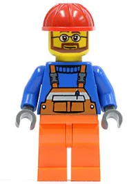 LEGO Overalls with Safety Stripe Orange, Orange Legs, Red Construction Helmet, Beard and Glasses minifigure