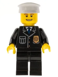 LEGO Police - City Suit with Blue Tie and Badge, Black Legs, Thin Grin with Teeth, White Hat minifigure