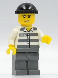 LEGO Police - Jail Prisoner 50380 Prison Stripes, Dark Bluish Gray Legs, Black Knit Cap, Angry Eyebrows and Scowl minifigure