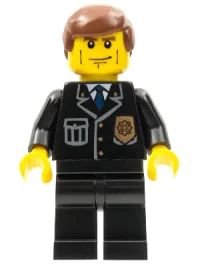 LEGO Police - City Suit with Blue Tie and Badge, Black Legs, Vertical Cheek Lines, Reddish Brown Hair minifigure