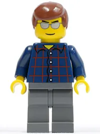 LEGO Plaid Button Shirt, Dark Bluish Gray Legs, Reddish Brown Male Hair, Silver Sunglasses minifigure
