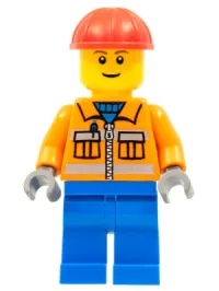 LEGO Construction Worker - Orange Zipper, Safety Stripes, Orange Arms, Blue Legs, Red Construction Helmet minifigure