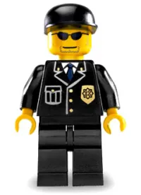 LEGO Police - City Suit with Blue Tie and Badge, Black Legs, Sunglasses, Black Cap minifigure