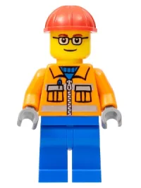 LEGO Construction Worker - Orange Zipper, Safety Stripes, Orange Arms, Blue Legs, Red Construction Helmet, Red Eyebrows, Glasses minifigure