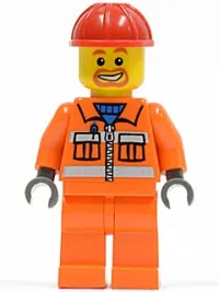 LEGO Construction Worker - Orange Zipper, Safety Stripes, Orange Arms, Orange Legs, Red Construction Helmet, Beard Around Mouth minifigure