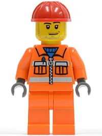 LEGO Construction Worker - Orange Zipper, Safety Stripes, Orange Arms, Orange Legs, Red Construction Helmet, Smirk and Stubble Beard minifigure