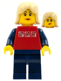 LEGO Red Shirt with 3 Silver Logos, Dark Blue Arms, Dark Blue Legs, Tan Female Hair minifigure