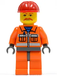 LEGO Construction Worker - Orange Zipper, Safety Stripes, Orange Arms, Orange Legs, Dark Bluish Gray Hips, Red Construction Helmet, Brown Moustache minifigure
