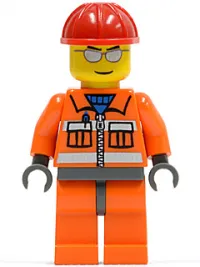 LEGO Construction Worker - Orange Zipper, Safety Stripes, Orange Arms, Orange Legs, Dark Bluish Gray Hips, Red Construction Helmet, Silver Sunglasses minifigure