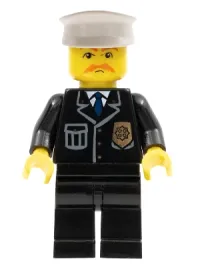 LEGO Police - City Suit with Blue Tie and Badge, Black Legs, Brown Moustache, White Hat minifigure