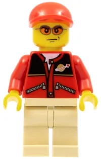 LEGO Red Jacket with Zipper Pockets and Classic Space Logo, Tan Legs, Red Short Bill Cap minifigure