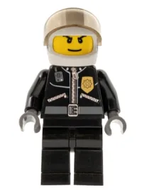 LEGO Police - City Leather Jacket with Gold Badge, White Helmet, Trans-Black Visor, Wide Smile minifigure