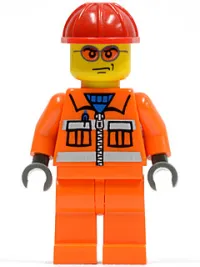 LEGO Construction Worker - Orange Zipper, Safety Stripes, Orange Arms, Orange Legs, Red Construction Helmet, Orange Glasse minifigure