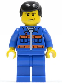 LEGO Blue Jacket with Pockets and Orange Stripes, Blue Legs, Black Male Hair minifigure