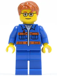 LEGO Blue Jacket with Pockets and Orange Stripes, Blue Legs, Dark Orange Short Tousled Hair, Brown Eyebrows, Glasses minifigure