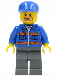 LEGO Blue Jacket with Pockets and Orange Stripes, Dark Bluish Gray Legs, Blue Cap, Beard Around Mouth minifigure