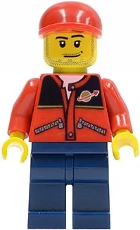 LEGO Red Jacket with Zipper Pockets and Classic Space Logo, Dark Blue Legs, Red Short Bill Cap minifigure