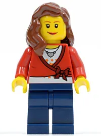 LEGO Sweater Cropped with Bow, Heart Necklace, Dark Blue Legs, Reddish Brown Female Hair over Shoulder minifigure