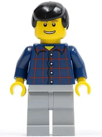 LEGO Plaid Button Shirt, Light Bluish Gray Legs, Black Male Hair, Thin Grin with Teeth minifigure