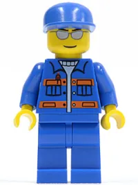 LEGO Blue Jacket with Pockets and Orange Stripes, Blue Legs, Blue Cap, Silver Sunglasses, Eyebrows and Thin Grin minifigure