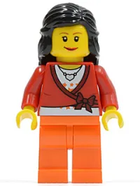 LEGO Sweater Cropped with Bow, Heart Necklace, Orange Legs, Black Female Hair Mid-Length minifigure