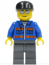 LEGO Blue Jacket with Pockets and Orange Stripes, Dark Bluish Gray Legs, Black Cap, Silver Sunglasses minifigure