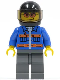 LEGO Blue Jacket with Pockets and Orange Stripes, Dark Bluish Gray Legs, Black Helmet, Orange Sunglasses minifigure