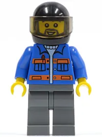 LEGO Blue Jacket with Pockets and Orange Stripes, Dark Bluish Gray Legs, Black Helmet, Gray Beard minifigure