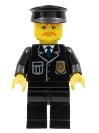 LEGO Police - City Suit with Blue Tie and Badge, Black Legs, Brown Moustache, Black Hat minifigure