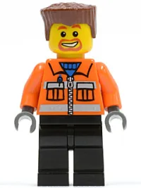 LEGO Construction Worker - Orange Zipper, Safety Stripes, Orange Arms, Black Legs, Reddish Brown Flat Top Hair, Beard Around Mouth minifigure