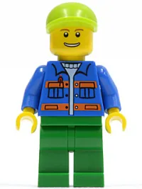 LEGO Blue Jacket with Pockets and Orange Stripes, Green Legs, Lime Short Bill Cap minifigure