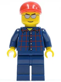 LEGO Plaid Button Shirt, Dark Blue Legs, Red Short Bill Cap, Silver Sunglasses minifigure