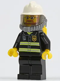 LEGO Fire - Reflective Stripes, Black Legs, White Fire Helmet, Breathing Neck Gear with Air Tanks, Yellow Hands, Beard and Glasses minifigure
