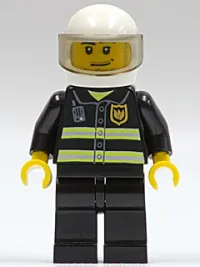 LEGO Fire - Reflective Stripes, Black Legs, White Standard Helmet, Trans-Black Visor, Stubble Beard and Moustache, Smirk and Stubble Beard minifigure