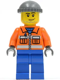 LEGO Construction Worker - Orange Zipper, Safety Stripes, Orange Arms, Blue Legs, Dark Bluish Gray Knit Cap minifigure