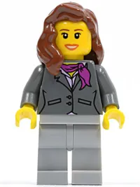 LEGO Dark Bluish Gray Jacket with Magenta Scarf, Light Bluish Gray Legs, Reddish Brown Female Hair over Shoulder, Peach Lips minifigure