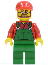 LEGO Overalls Farmer Green, Red Short Bill Cap, Beard and Glasses minifigure