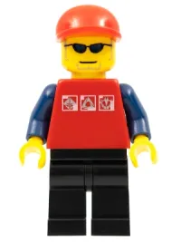 LEGO Red Shirt with 3 Silver Logos, Dark Blue Arms, Black Legs, Red Short Bill Cap, Glasses minifigure