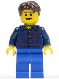 LEGO Plaid Button Shirt, Blue Legs, Dark Brown Short Tousled Hair, Lopsided Grin with Teeth minifigure