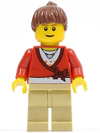 LEGO Sweater Cropped with Bow, Heart Necklace, Tan Legs, Reddish Brown Hair Female Ponytail, Brown Eyebrows, Thin Grin minifigure