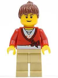 LEGO Sweater Cropped with Bow, Heart Necklace, Tan Legs, Reddish Brown Hair Female Ponytail, Black Eyebrows, Thin Grin minifigure