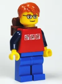 LEGO Red Shirt with 3 Silver Logos, Dark Blue Arms, Blue Legs, Dark Orange Short Tousled Hair, Brown Eyebrows, Backpack minifigure