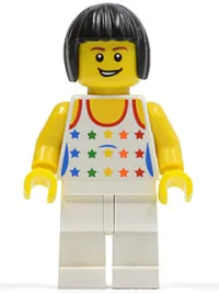 LEGO Shirt with Female Rainbow Stars Pattern, White Legs, Black Bob Cut Hair minifigure