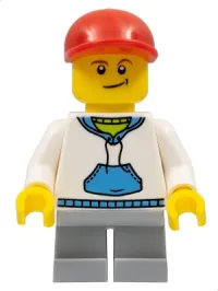 LEGO White Hoodie with Blue Pockets, Light Bluish Gray Short Legs, Red Short Bill Cap minifigure