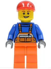 LEGO Overalls with Safety Stripe Orange, Orange Legs, Red Short Bill Cap, Open Grin minifigure