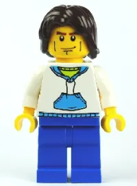 LEGO White Hoodie with Blue Pockets, Blue Legs, Dark Brown Mid-Length Tousled Hair minifigure